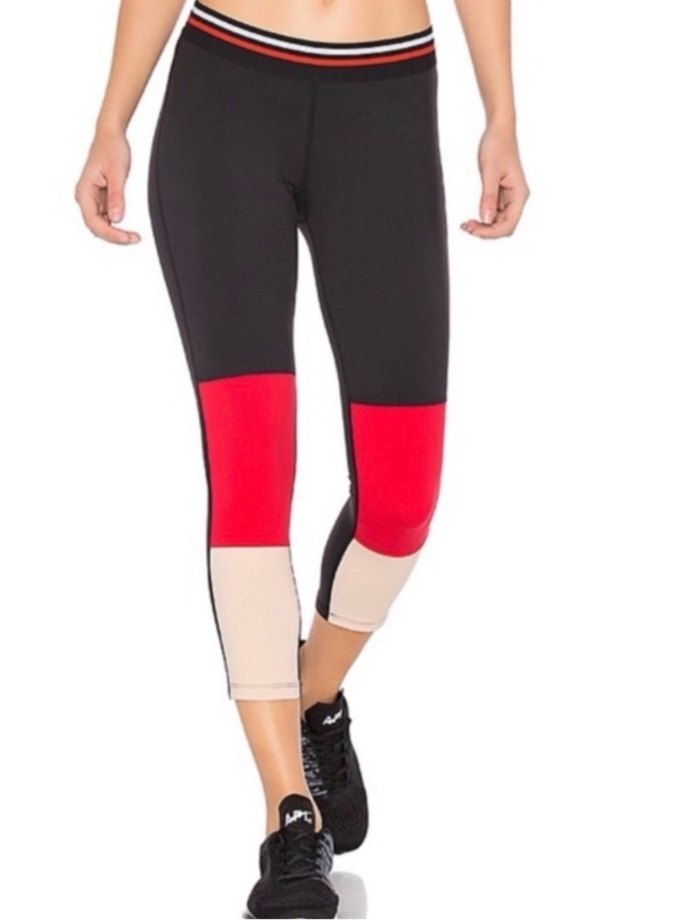 Splits59 Black Colorblock High-Waist Capri Leggings with Red & Cream Panels